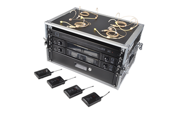 4 Way Wireless Microphone Set with Belt packs and Headsets Racked Ready to Use